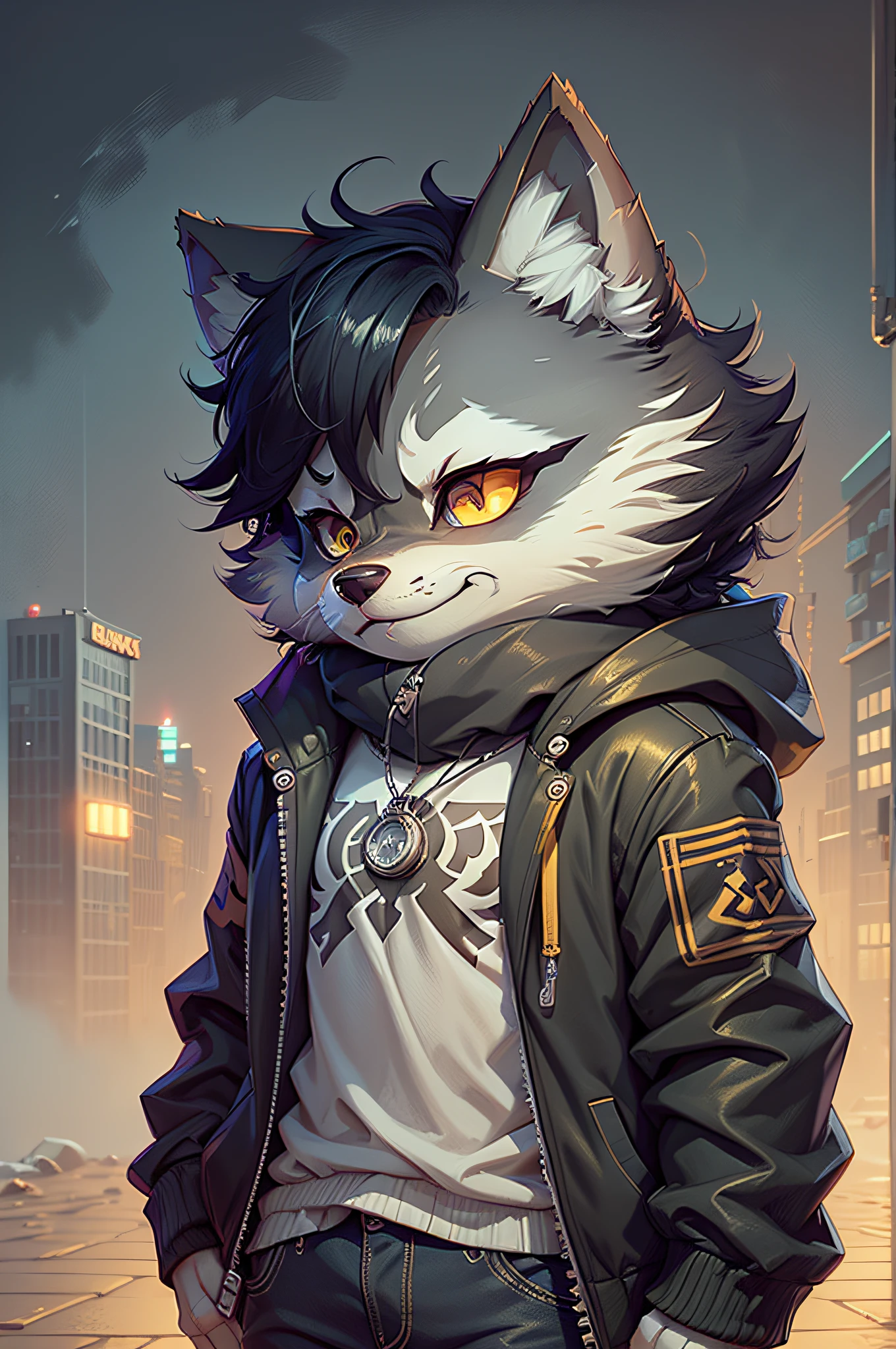 by Kenket, by totesfleisch8, (by thebigslick, by silverfox5213:0.8), (By Syuro:0.2), (by qupostuv35:1.2), (hi res), ((masutepiece)), ((Best Quality)), Illustration, Furry, Siberian Husky, Animal ears, body fur, 1girl in, Solo, Black hair, Looking at Viewer, Smile, Female, ((Wolf Girl)), adult, Rooms and the city, (((Night, RGB lights, Warm colors, lofi))), ((Room with computer)), Screen Light, Toned body, Choker, Chill Pose, Jackets and jeans, Tomboy clothes, Femen's clothes, Loffi 8-bit, Furry anthropomorphic Siberian Husky, Furry Siberian Husky nose, ((Black fur:1.2))