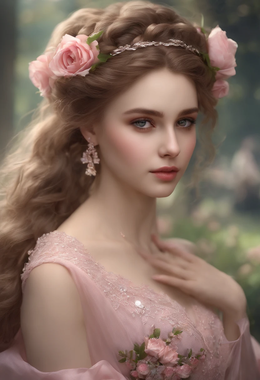 Girls, Serious, Warriors, armature, Graceful, Pink dress, nobles, Silver element, Long nails, bare shoulders, Hairstyles, Hair up, Braids and ponytails, scruffy, Arrogant, absurderes, Detailed dress, royalti, celebrating, Hall decorated with flowers, cowboy lens, Imagen, (Best quality), (Masterpiece), (highly detailed), (4K)