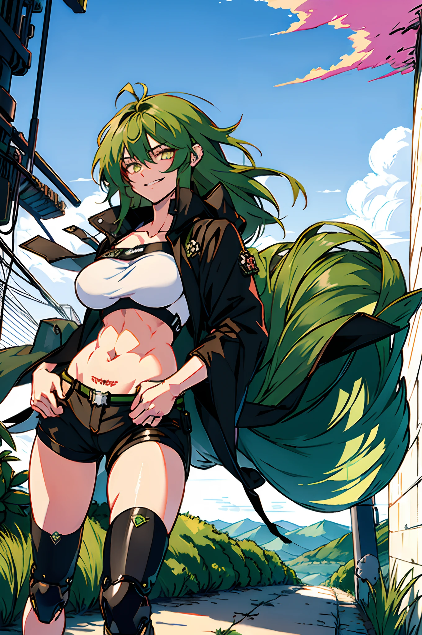 Pure sky，mechanical leg，Black mechanical legs，Plump legs，Green gem setting，Anime girl standing gracefully on the ground，Black cape and green hair, rogue anime girl, Anime girl standing, Wearing a cloak on the blasted plain, asuka suit under clothes!, Cyborg girl, badass posture, mechanic punk outfit, anime styled 3d, render of a cute 3d anime girl, gapmoe yandere grimdark, Female character，musculature，Abs，Glowing green eyes，Black hair with green gradient，short detailed hair，Bunched hair，Dull hair，（Muscle 2.0），Tomboyish，Be red in the face，looking at viewert，Elaborate Eyes，Black mechanical legs，huge tit，1.5，Put your hands in your pockets，ssmile，blacksilk，Straight big breasts，strappy，Black openwork hot pants，White bandeau，Toothless smile，Lower breast，Mechanical wind，There are no cities，Side breasts，Excitation