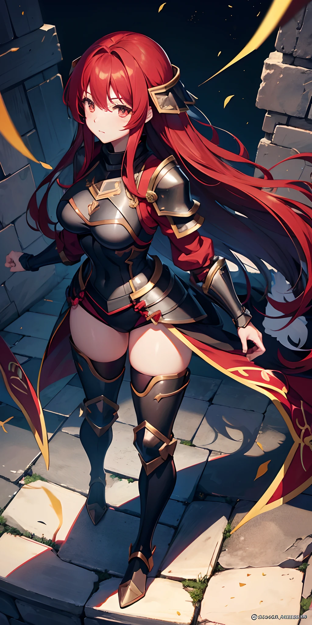 Redhead warrior, long hair, detailed, 1 girl, beautiful, 8k, artwork, ultra realistic, medieval fantasy, armor, steel breastplate, steel gauntlets, steel gloves, steel boots, no pants, no panties, back, panties, thong, thong panties, panties appearing, white panties, cameltoe, nsfw, pantyshot