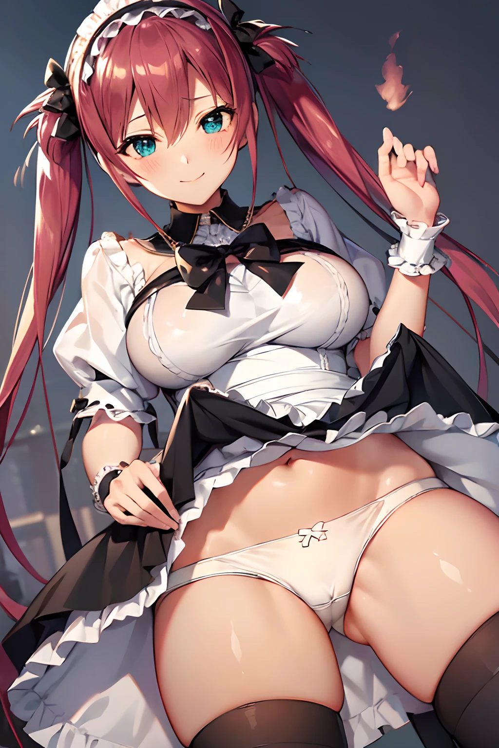 masutepiece, Best Quality, Airlib 4, 1girl in, Solo, blush, thighs thighs thighs thighs, black thighhighs, Apron, zettai ryouiki, maid, Maid headdress,Naughty big、large full breasts、 Wrist cuffs, (Perfect hands, Perfect Anatomy)、(Skirt lift:1.3), (White panty:1.3)、(Skirt that rolls up:1.3)、(Fully exposed panties:1.5)、is standing、a smile