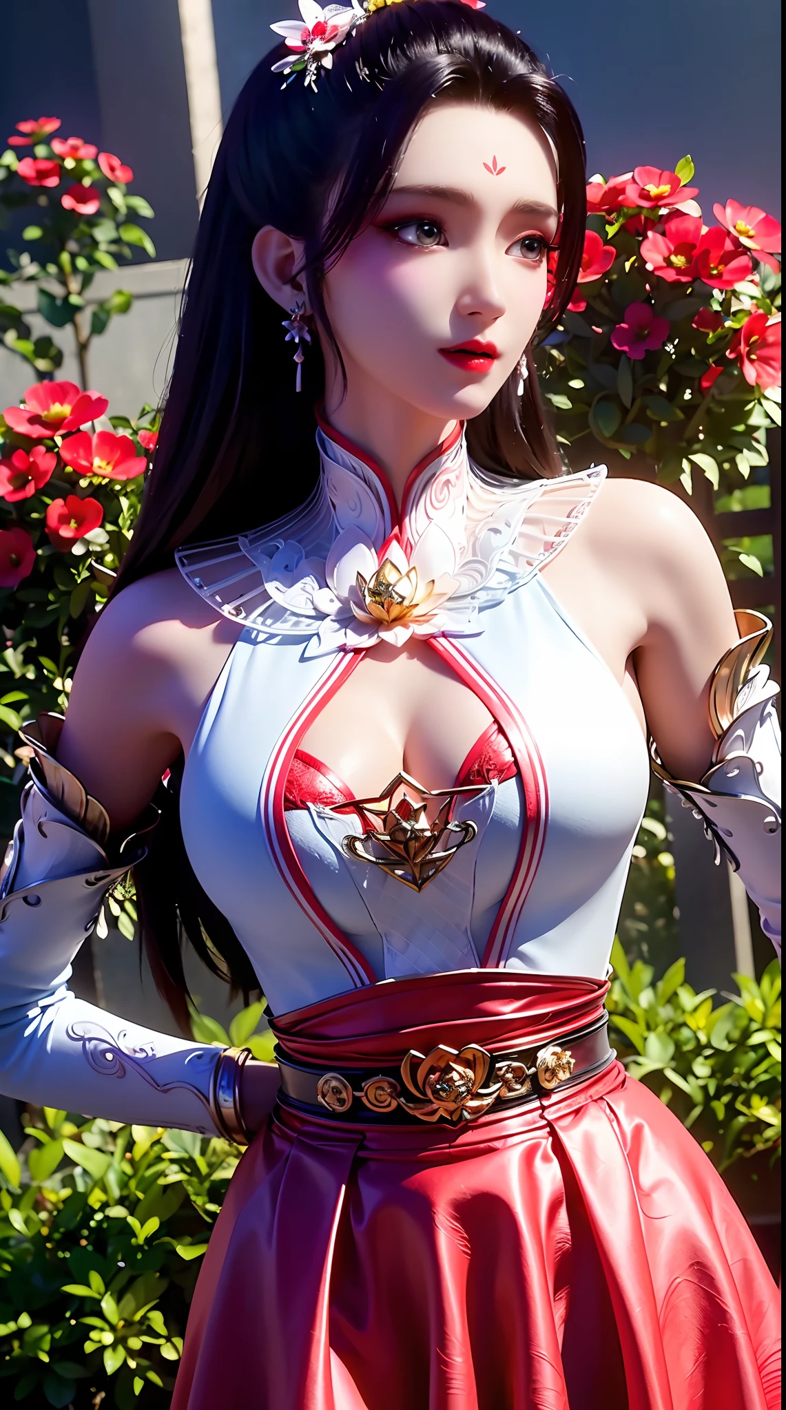 "1 beautiful girl wearing traditional costume, long thin red and white silk dress meticulously sewn, low-cut shirt, low slit, long black hair and bangs, most detailed and beautiful hair jewelry, mold most beautiful and flawless face, ((black eye pupils:0.8)), very beautiful eyes, big round eyes, ((red brown eyes:1.6)), beautiful and detailed makeup eyelashes, nose tall, earrings, small red lips, rosy face, clean face, flawless beautiful face, smooth white skin, ((large breasts: 0.9)), Blums breasts, ((chest big and super round: 0.9)), ((super tight breasts: 1.2)), ((breast augmentation: 0.8)), beautiful breasts, slim and petite body, ((thin waist: 0, 9)), upper body of a beautiful girl, sexy girl, fishnet stockings color coordinated according to outfit, 8k photo, super high quality, surreal, 10x super pixels, realistic photo, dark studio, background bright, two-tone light, (high detail skin: 1.2), 8k uhd, soft light, high quality, volumetric light, realistic, High resolution photo, light, best photo, quality 4k, 8k, smooth and sharp, increased pixels by 10 times, super graphics, most realistic graphics, (((outdoor red flower background: 1.5))), 1 girl, alone, solo, ((portrait direct:1.2)), Extremely sharp, super realistic images."