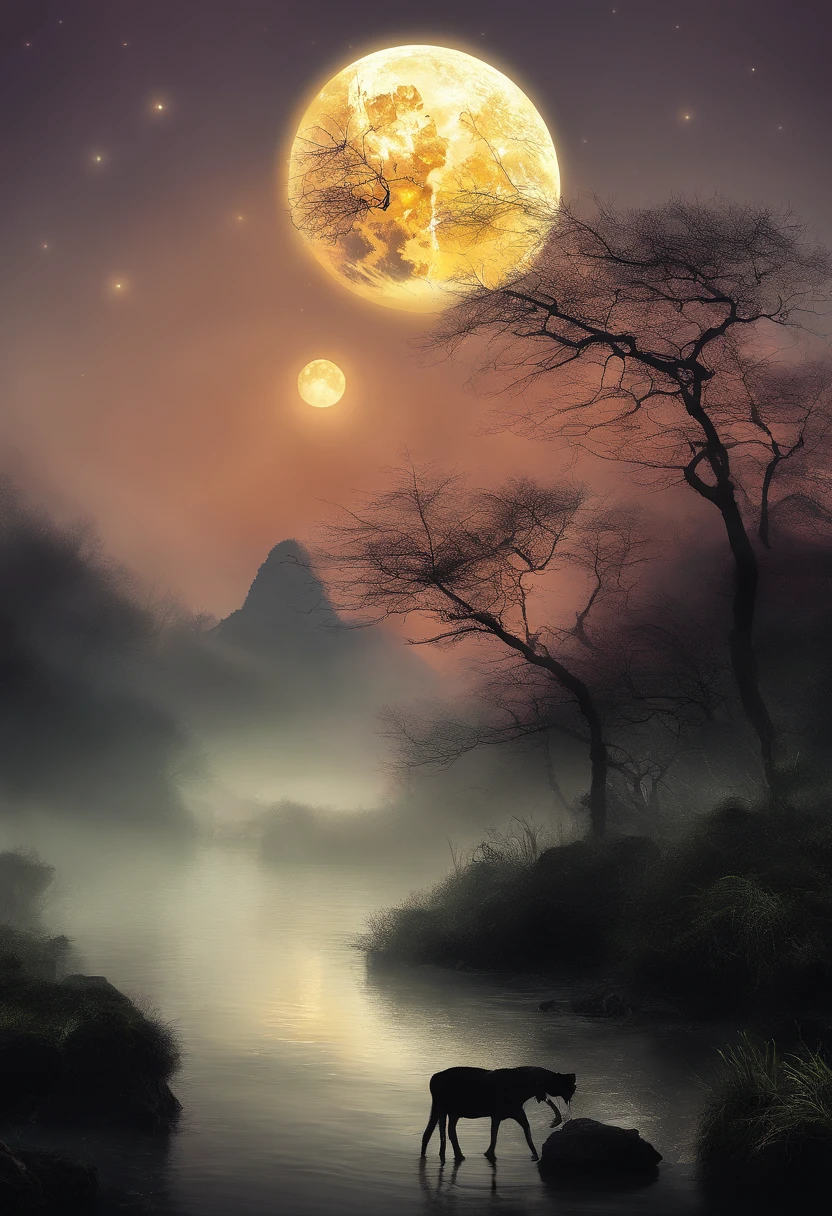 (tmasterpiece，Authentic photography，Concise composition：1.5），the night，Li River scenery，fog atmosphere，White full moon