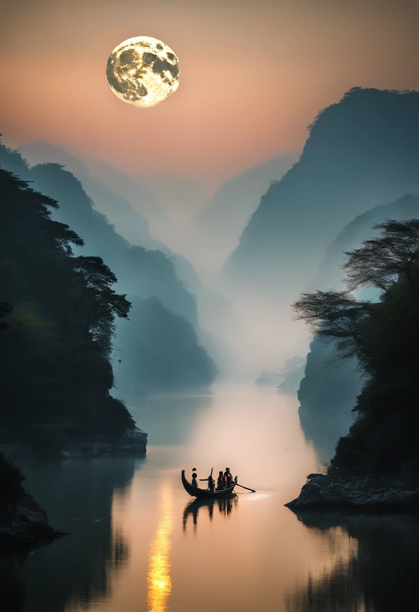 (tmasterpiece,Authentic photography,Concise composition:1.5),the night,Li River scenery,fog atmosphere,White full moon