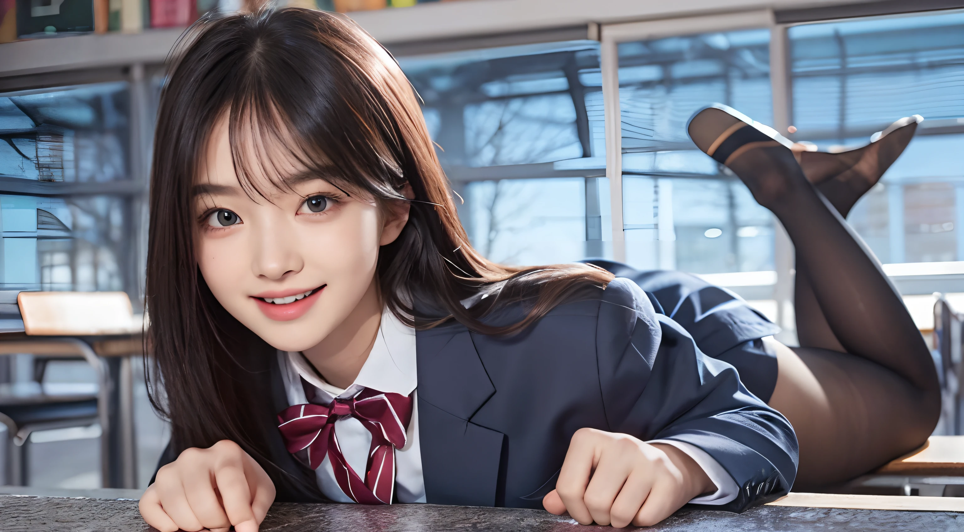 superfine illustration, very detailed beautiful face and eyes, Dynamic Angle, Laugh, School uniform, Blazer, Running, sit in a chair, Long hair