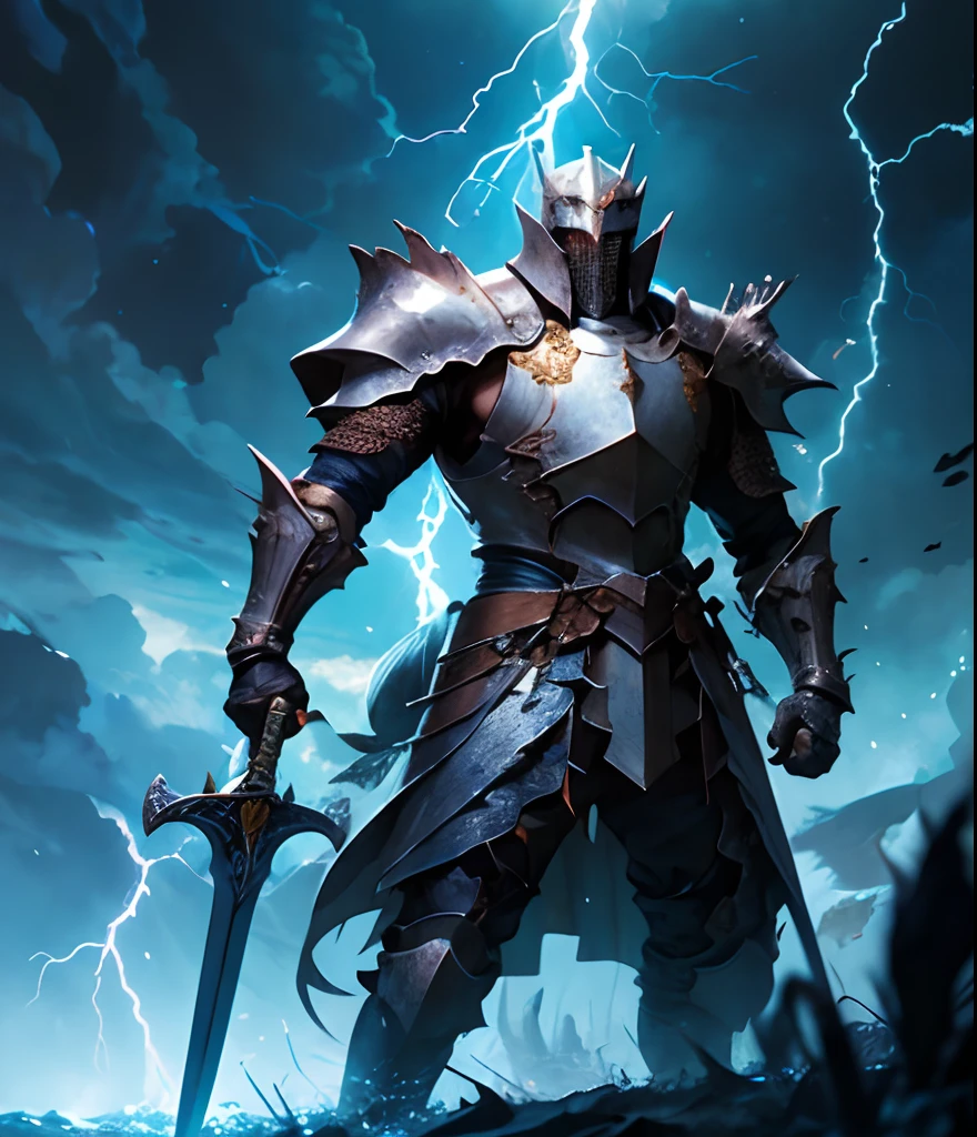 A knight with his right hand holding a sword and his left hand casting magic while looking at the god of lightning