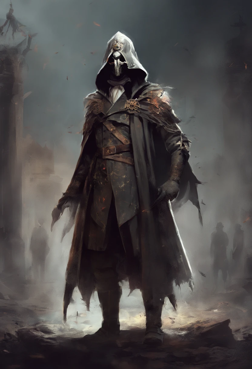 A doctor from the time of the scary plague with medieval clothes and the classic mask of the time with the pointed beak.