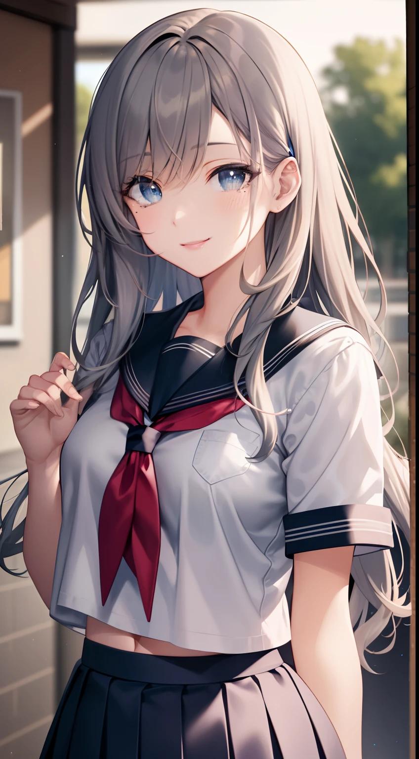 nodokaharamura, Haramura Nooka, Blue eyes, Hair accessories, long whitr hair, ash gray hair, Blue skirt, Kiyosumi school uniform, Pleated skirt, school uniform, serafuku, Skirt,looking at viewert, (Masterpiece:1.2), Best quality, high resolution, Unity 8k wallpaper, (illustration:0.8), (Beautiful detailed eyes:1.6), Extremely detailed face, Perfect lighting, Extremely detailed CG, (Perfect hands, Perfect anatomy),Seductive smile