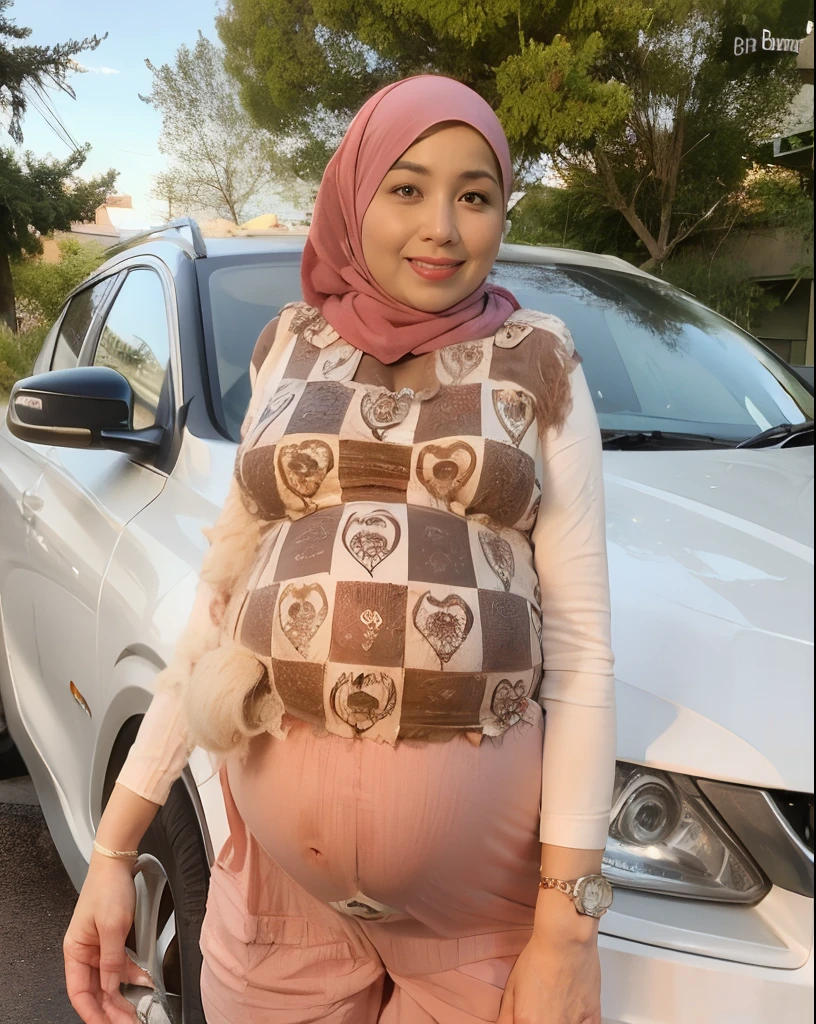 Attractive Muslim woman in hijab, wearing baggy shirt brown,  Palazzo pants brown, she was pregnant 9 months, 9 months of pregnancy, (huge baby bump), (gigantic pregnant belly), super huge pregnant belly, (largest pregnant belly), ((largest baby bump)), ((fat and round belly)), huge breasts, milf, sexy pregnant milf, milf body, third trimester, posing for instagram, big smile, 55 years old, standing near car