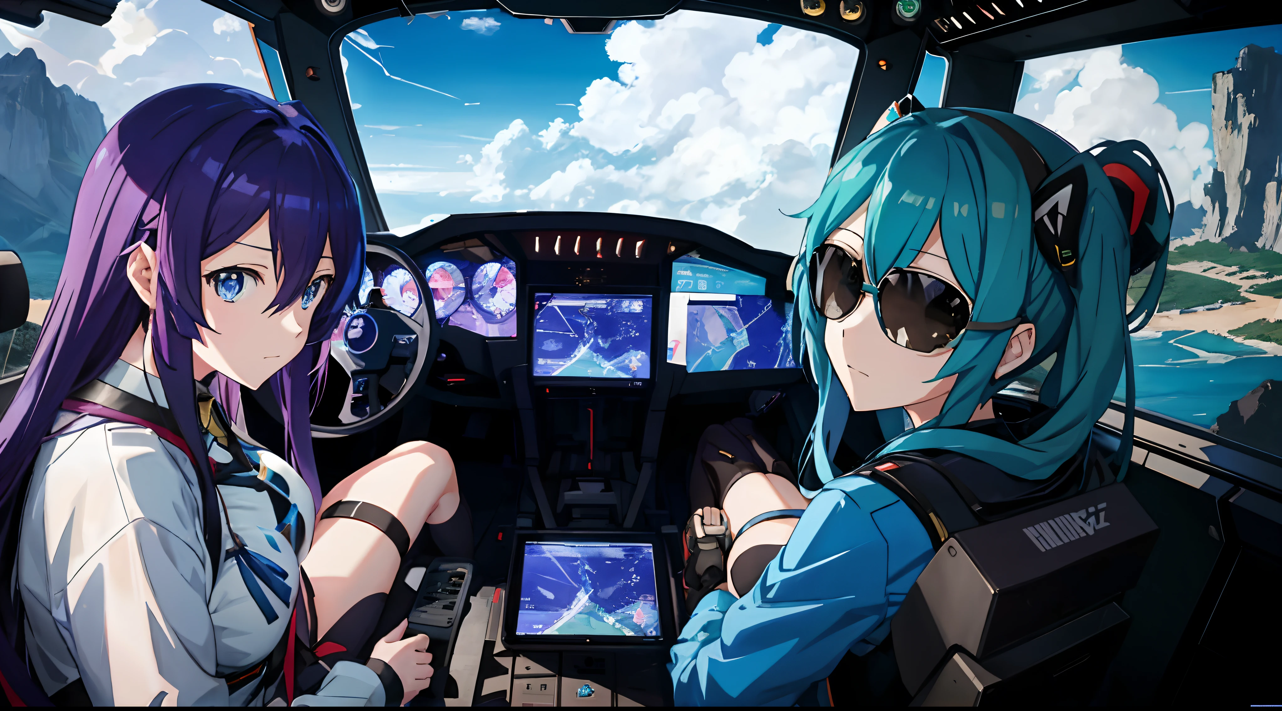 Two anime girls in a cockpit overlooking a mountain, Macross Delta Splash Art, Macross Delta, Macross Frontier Splash Art, Macross Frontier, Anime-Stil 4 K, macross, Badass Anime 8 K, Aus dem Videospiel Azur Lane, Macross-Franchise, Kantai-Kollektionsstil, Moderner Sci-Fi-Anime, Azur-Lane-Stil
