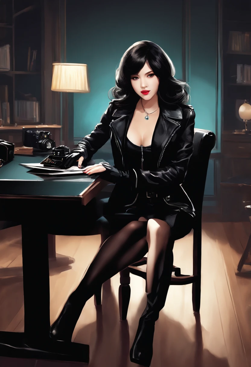 Wearing black leather gloves up to the fingertips in both hands, upper body, black leather double riders jacket, slender necklace, young and cute Japanese girl with beautiful black hair, sitting on a black leather chair facing the desk in the boss's empty room at night, aligning both hands with black leather gloves on the desk