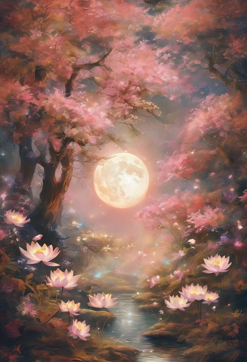 (tmasterpiece,Authentic photography,Concise composition:1.5),the night,Lotus,White full moon,Beautiful artistic conception