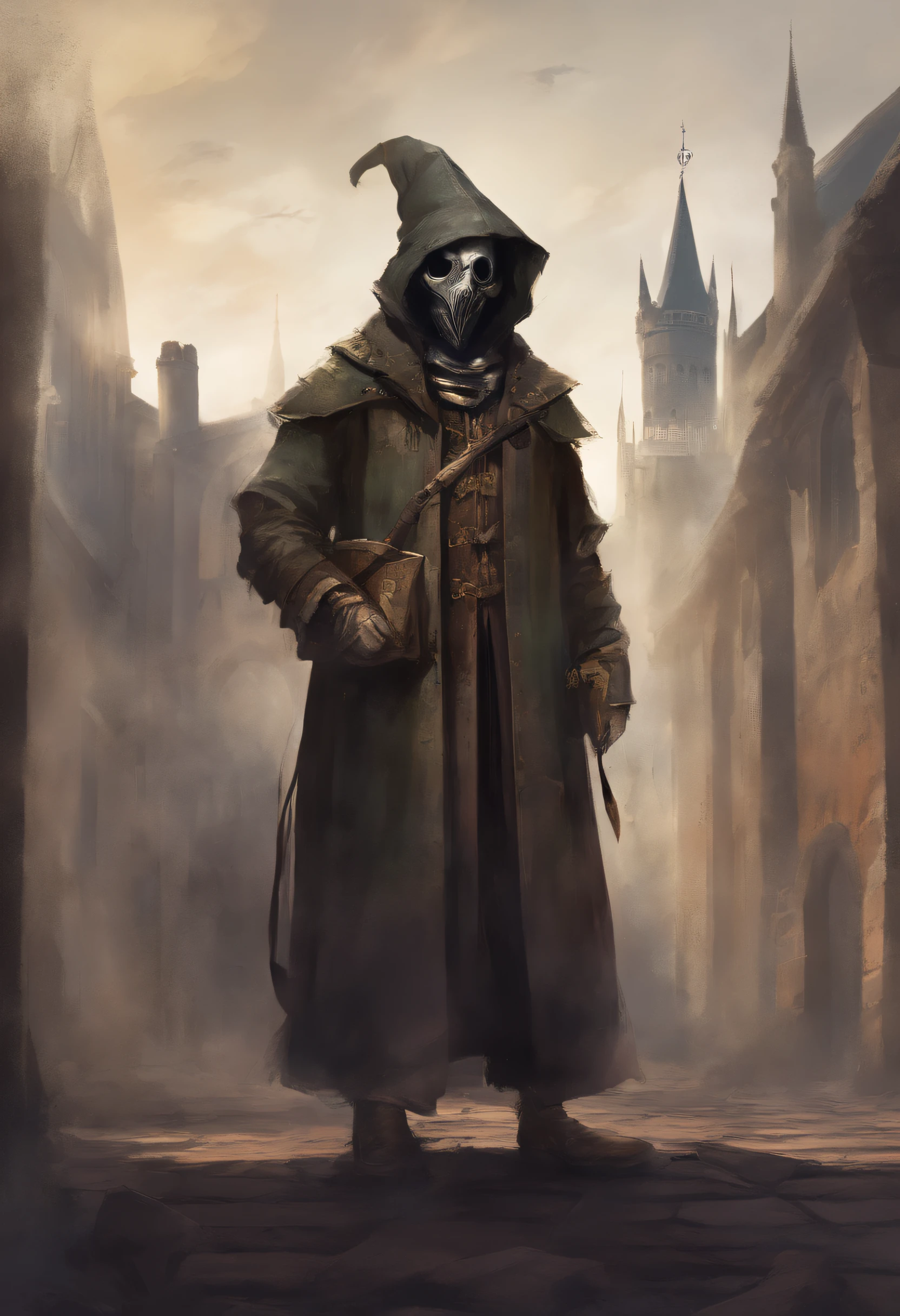 A doctor from the time of the scary plague with medieval clothes and the classic mask of the time with the pointed beak.