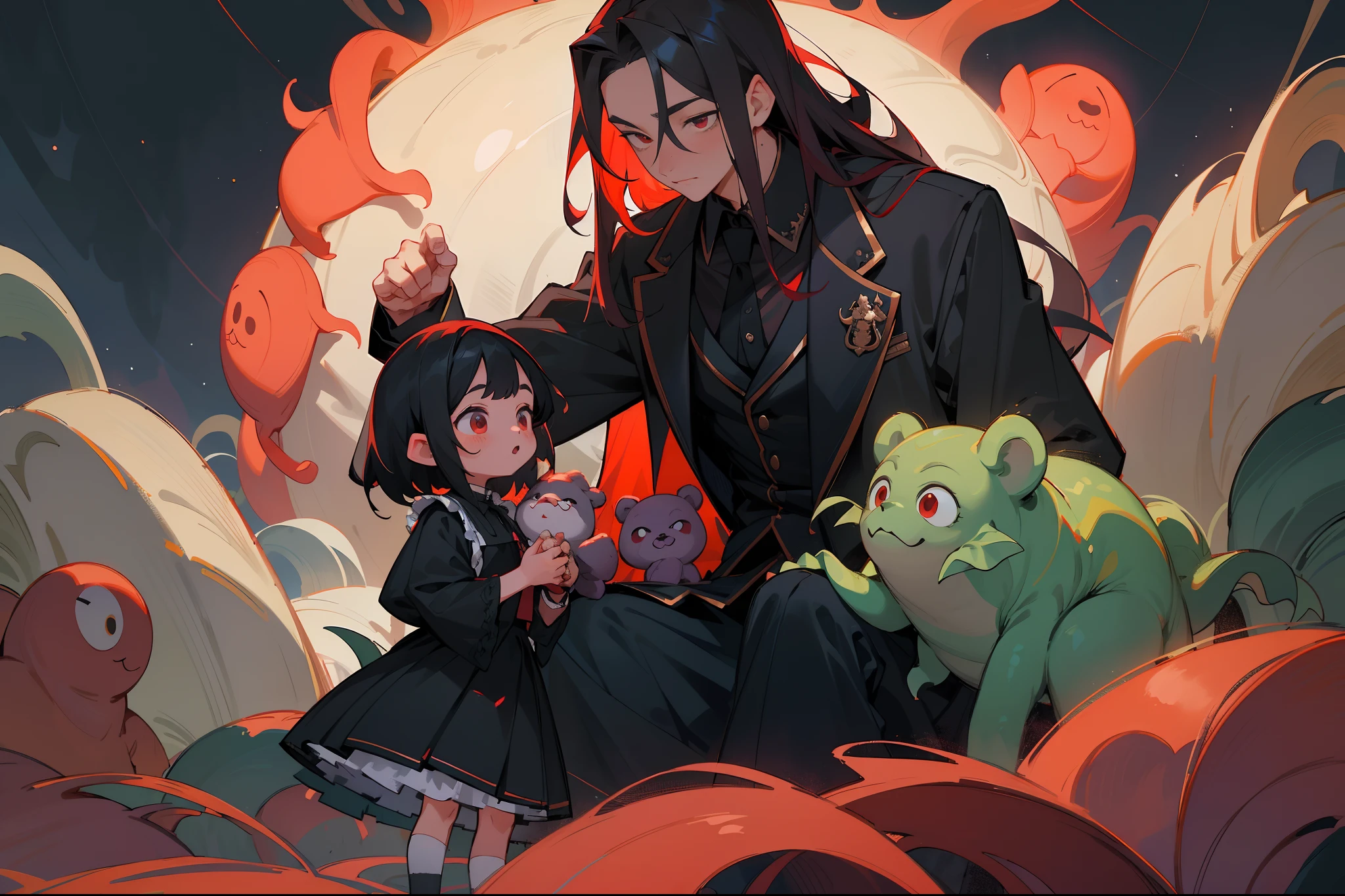 tmasterpiece,Best quality at best,highly details, Ultra-detailed 8K, 超高分辨率,An adult and a baby,(A 24-year-old adult male,with short black hair,black uniforms,Butler clothes,deacon)(Children 6 years old,red color eyes,Red long-haired,Lolita skirt,holding a bear doll),kosmos,starlights,Huge algae,Cthulhu,tentaculata,starrysky,black hole,Bask in starlight,perfect compositions,Black and red background,