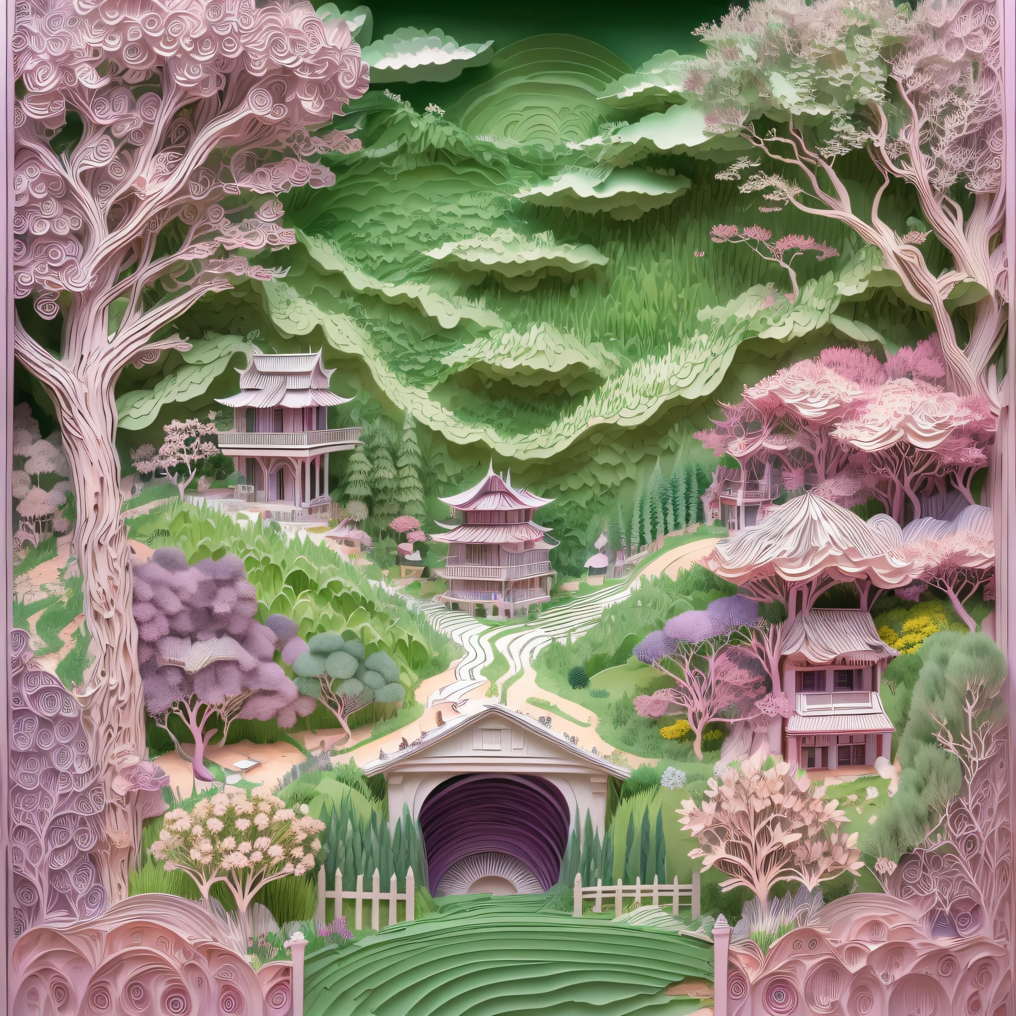 Paper Cuttings style：bridge, Building, Bush, City, Cloud, day, Door, fence, Field,orest, sonoko, Grass, house, hydrangea, Mountain, Nature, No_Humanity, Outdoors, paths, plant, potted_plant, purple_flower, Road, scenery, sky, skyscraper, traditional_Mediums, tree,