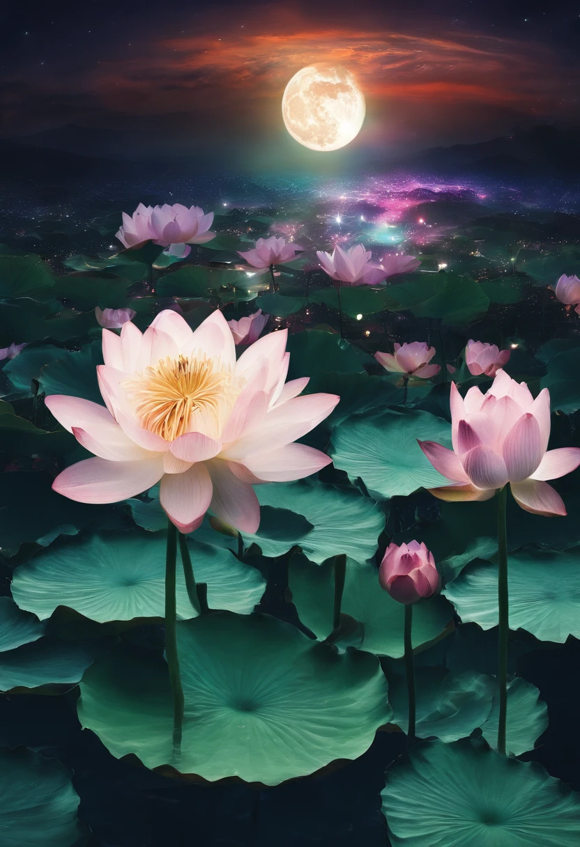 (tmasterpiece,Authentic photography,Concise composition:1.5),the night,Lotus,White full moon,Beautiful artistic conception