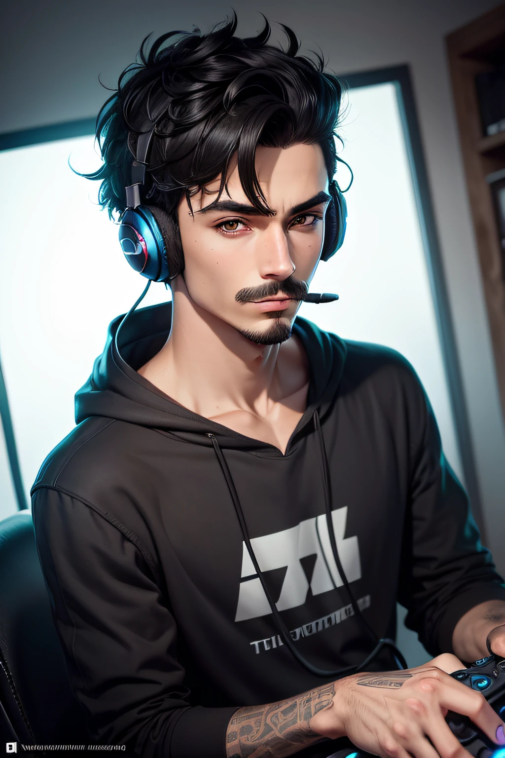 Nome: Ethan Description: A thin man with short black hair and a side gradient that gives a unique touch to his look. His brown eyes are always focused on the games he plays with his gaming headset. Ele tem um estilo casual, moderno e um bigode fino.