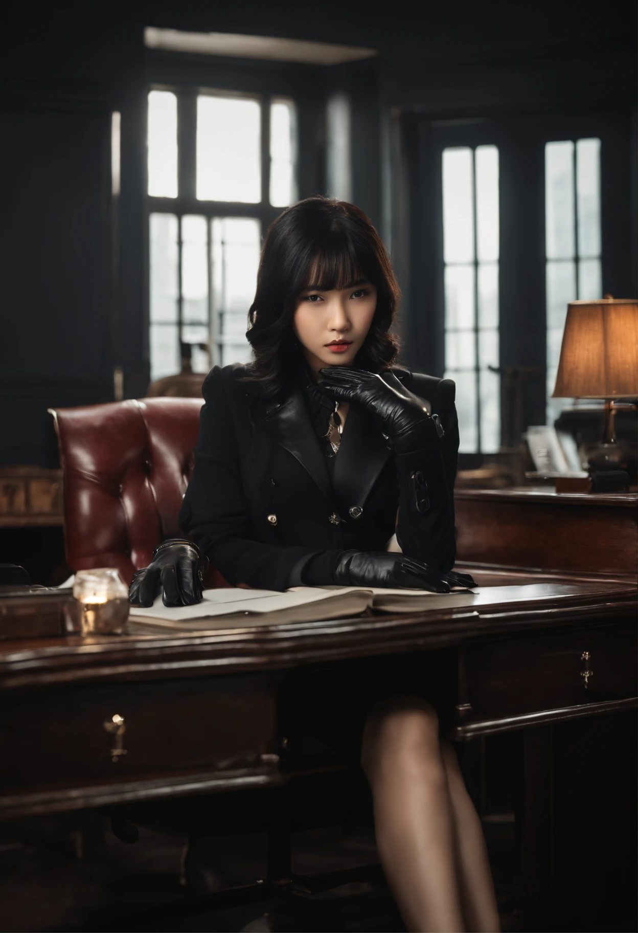 Wearing black leather gloves up to the fingertips in both hands, upper body, black leather double riders jacket, slender necklace, young and cute Japanese girl with beautiful black hair, sitting on a black leather chair facing the desk in the boss's empty room at night, aligning both hands with black leather gloves on the desk