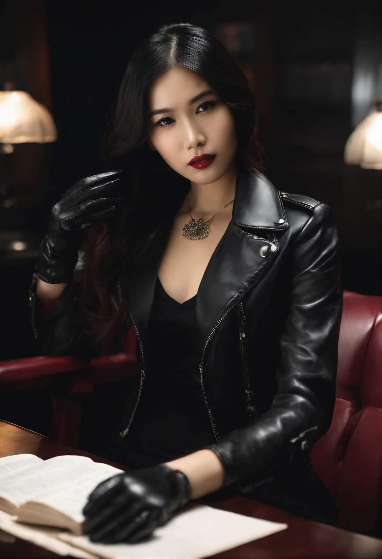 Wearing black leather gloves up to the fingertips in both hands, upper body, black leather double riders jacket, slender necklace, young and cute Japanese girl with beautiful black hair, sitting on a black leather chair facing the desk in the boss's empty room at night, aligning both hands with black leather gloves on the desk