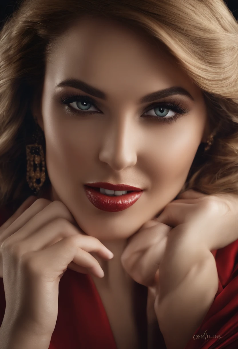 (masterpiece, Best quality, professional, perfect composition, very aesthetic, absurdity, ultra detailed, complex parts:1.3) Movie frame,  Russian mature woman, a lot of makeup, sexy face with full makeup, blonde, Red lipstick 