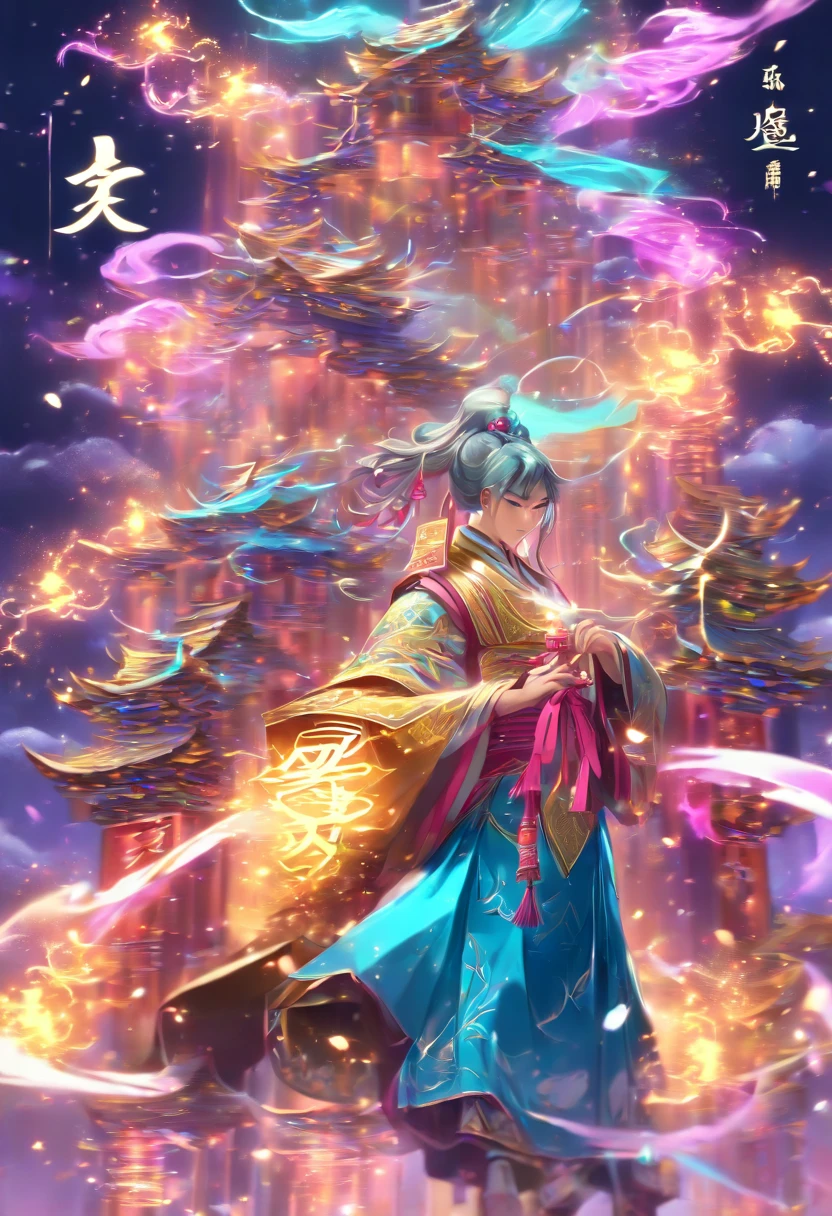 1boys,Young scholars of ancient China,Holding a golden brush,Writing is in full swing,(Transparent glowing kanji hovering in midair:2),(Plain text background:2),Vertical text,glittery,Scholar in blue robes,Long flowing hair flutters in the wind,16k, hyper HD, high resolution, Very detailed, Best image quality,dynamicposes,(20 columns of Chinese characters:2),arranged in an orderly fashion