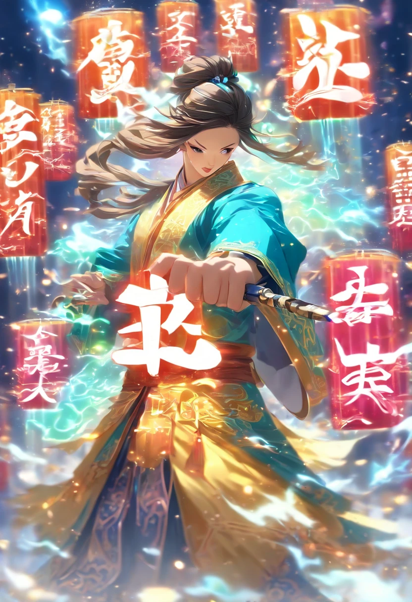 1boys,Young scholars of ancient China,Holding a golden brush,Writing is in full swing,(Transparent glowing kanji hovering in midair:2),(Plain text background:2),Vertical text,glittery,Scholar in blue robes,Long flowing hair flutters in the wind,16k, hyper HD, high resolution, Very detailed, Best image quality,dynamicposes,(20 columns of Chinese characters:2),arranged in an orderly fashion