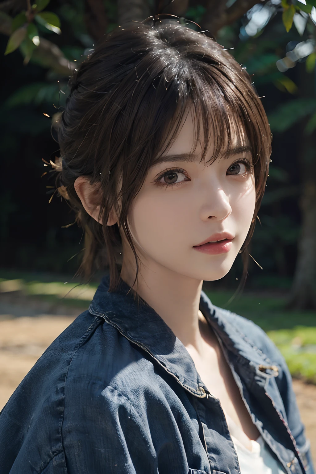 (masuter piece:1.3)、(8K、Photorealsitic、Raw photography、top-quality: 1.4)、(1girl in)、beautiful countenance、(Lifelike face)、(lightbrown hair、a pixie cut:1.3)、Beautiful hairstyle、realisticeyes、Beautiful details、(real looking skin)、Beautiful skins、(The shirt、Denim jacket)、absurderes、enticing、超A high resolution、A hyper-realistic、high-detail、the golden ratio、、bilaterally symmetrical、grass field