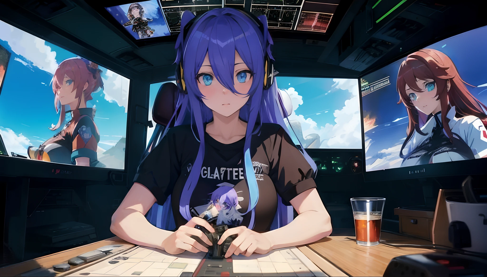 Gaming cockpit With 2 montiore and a hot anime waifu black broken shirt no underwear to long straight blue hair 2 colored eyes