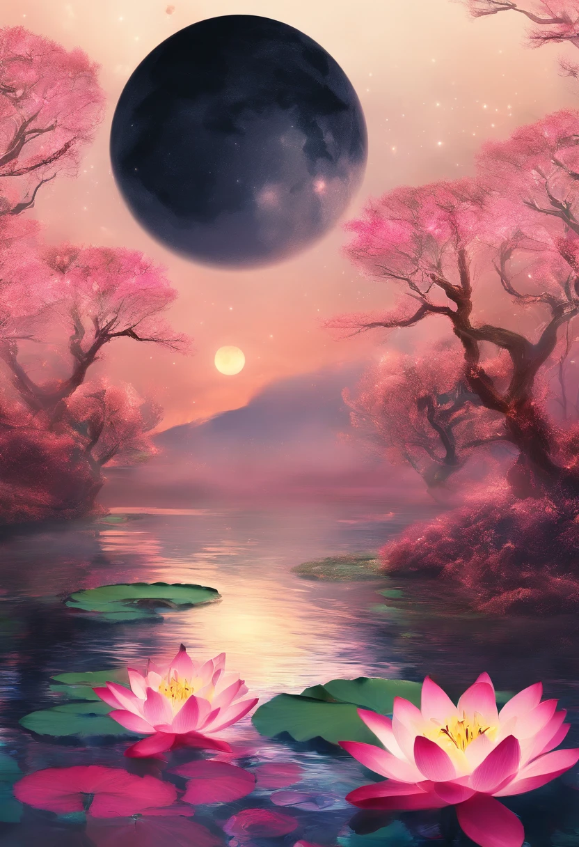 (tmasterpiece,Authentic photography,Concise composition:1.5),the night,Lotus pond moonlight,Beautiful artistic conception