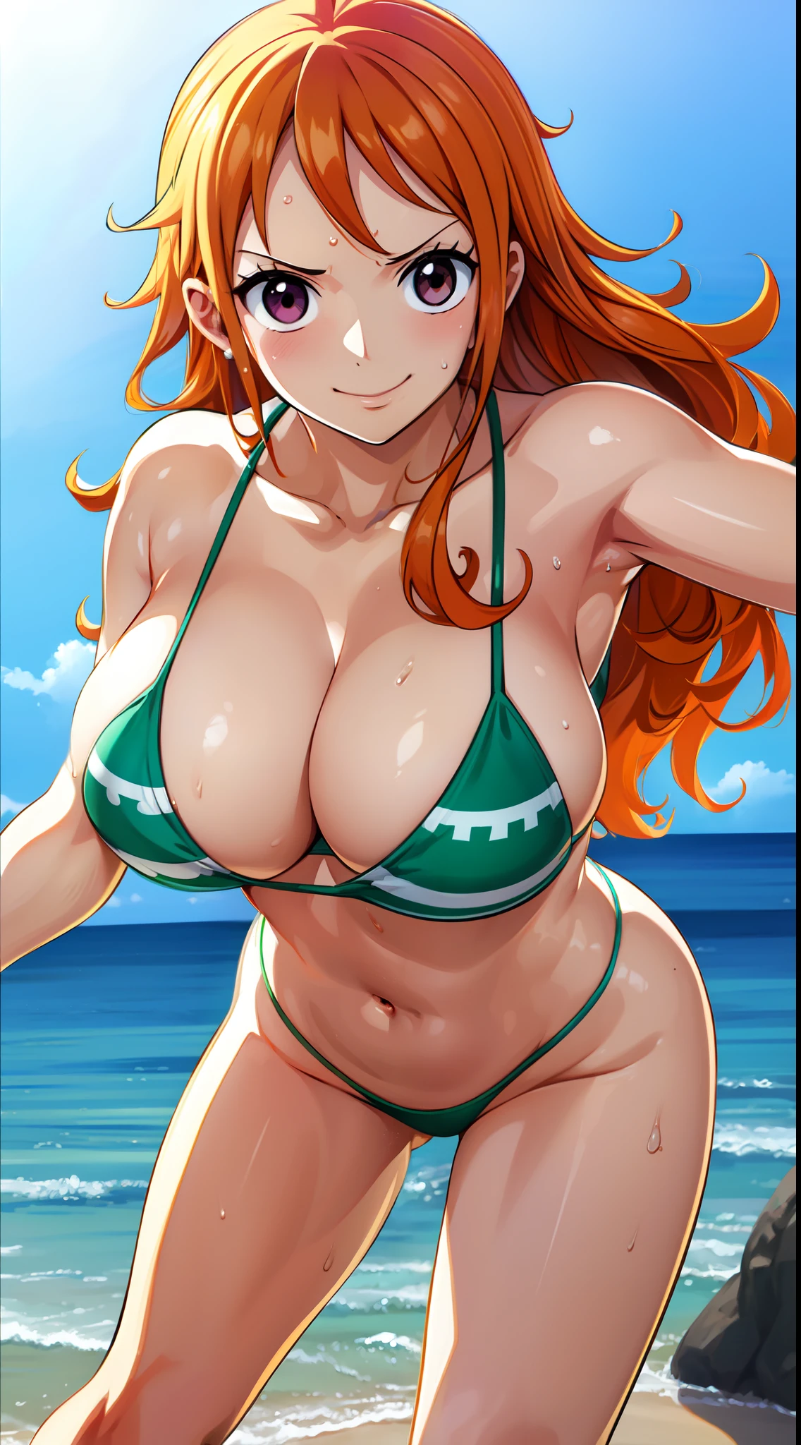 (best quality, highres),ultra-detailed, (realistic:1.37), (anime:1.1), portrait, Nami from One Piece, beautiful detailed brown eyes, beautiful detailed orange long hair, wearing a micro bikini, standing on a sunny beach, slightly blushing, joyful expression,(NSFW), dynamic pose and dynamic stretching.