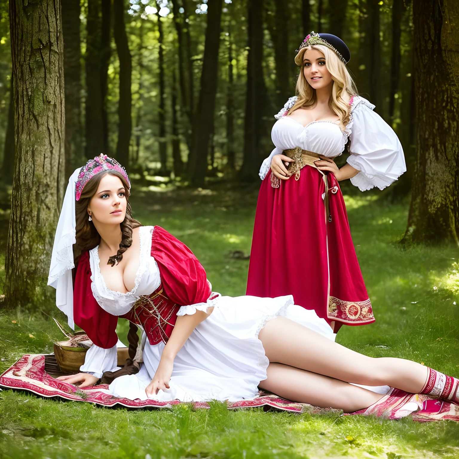 Mittelalterliches Dorf im Wald, Fest auf dem Dorfplatz, die junge Prinzessin ist zu Besuch, she wears a very loose blouse, die Prinzessin kriecht auf allen Vieren, man kann sehr tief blicken, Ihre vollen, Lush breasts drag on the floor, Her breasts are huge and barely fit into the blouse, she has wide hips, die Prinzessin hat gigantische Brustwarzen,