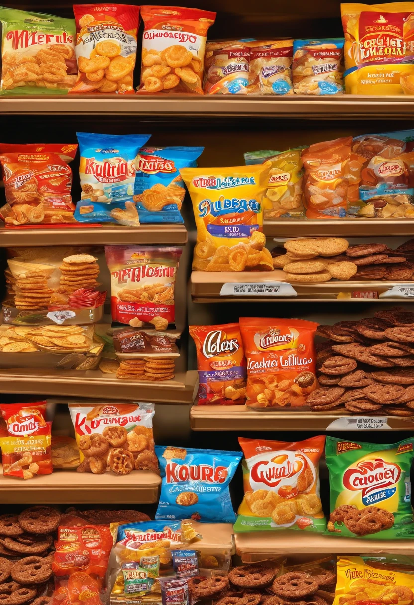 (highres:1.2),various delicious snacks,crunchy potato chips,colorful packaging,vibrant candy wrappers,sweet and savory treats,tantalizing assortment of snacks,nostalgic childhood favorites,tempting junk food,satisfying crunch,chocolate-covered goodness,irresistible flavors,indulgent guilty pleasure,tasty and addictive,bags of mouthwatering chips,sugary confections,crispy and salty snacks,perfect movie night companions,diverse assortment of treats,satisfying your cravings,unforgettable snacking experience,assorted cookies and biscuits,candy bars galore,snack heaven,varied selection of munchies,guilt-free healthy snacks,jaw-dropping selection of chips,sugary and fruity delights,irresistible chewy candies,salty pretzels and nuts,snack time bliss,crowd-pleasing snacks,popcorn and soda for film lovers,delicious guilty pleasure,irresistible snack aisle,mouthwatering assortment of goodness,snack attack satisfaction,savory and sweet combinations,ultimate snack extravaganza