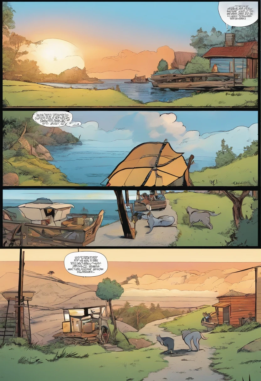 American comics, the comic story is presented in multiple irregular panels with color. The American Shorthair cat goes through hardships while running away from home and then reunites with its owner. The style is exaggerated and detailed