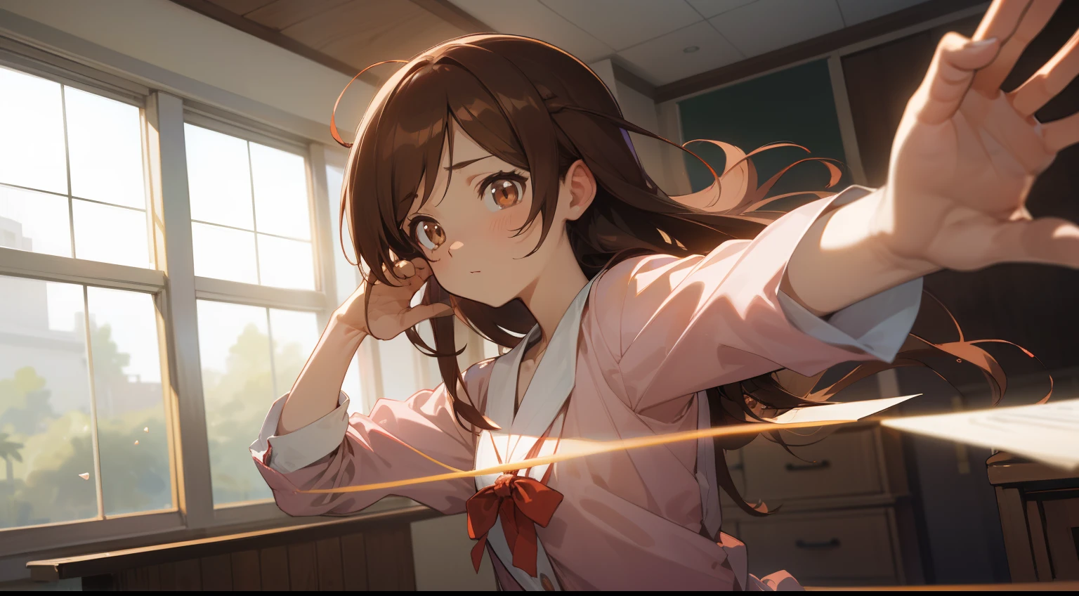 Mizuharachizuru, Mizuhara Chizuru, (brown eyes:1.5), brown hair, Cabello largo, (un lado hacia arriba:1.2),
ROMPER los hombros desnudos, 鎖骨, Camisa rosa, mangas cortas hinchadas, mangas hinchadas, red bow, camisa, manga corta, falda, falda blanca,
DESCANSO en interiores, Classroom,
DESCANSO mirando al espectador, 
QUEBRAR (Obra maestra:1.2), La mejor calidad, High resolution, Unidad 8K Fondo de pantalla, (illustration:0.8), (hermosos ojos detallados:1.6), Cara extremadamente detallada, Perfect lighting, CG extremadamente detallado, (Manos perfectas, Perfect anatomy),