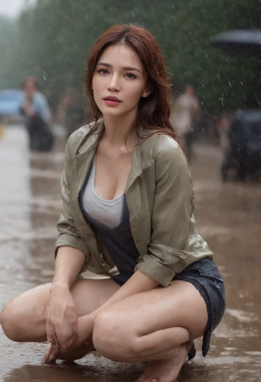 Woman kneeling on the ground in the rain, It just rained, After the rain, Soaked, Drenched Body, wet tshirt, after rainny, Wet shirt, pretty girl standing in the rain, high definition cgsociety, Guviz, korean women's fashion model, after rain and no girls, wash off in the rain, Wet look, ff Tifa