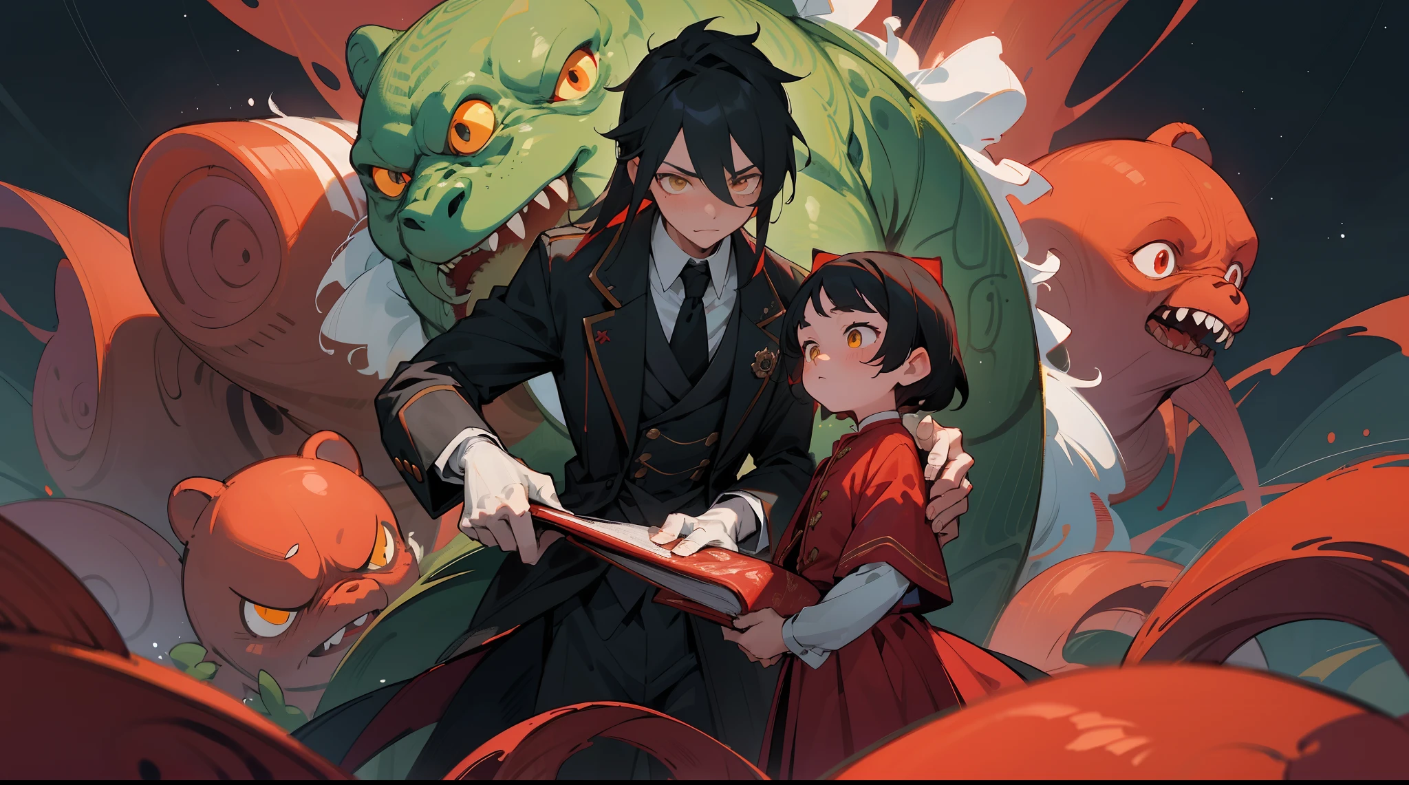 tmasterpiece,Best quality at best,highly details, Ultra-detailed 8K, 超高分辨率,An adult and a child,(A 24-year-old adult male,short detailed hair,black color hair,Yellow eyes,black uniforms,Butler costume,deacon)(Children ,red color eyes,Red long-haired,Lolita skirlding a bear doll),kosmos,starlights,Huge algae,Cthulhu,tentaculata,starrysky,black hole,Bask in starlight,perfect compositions,Black and red background,
