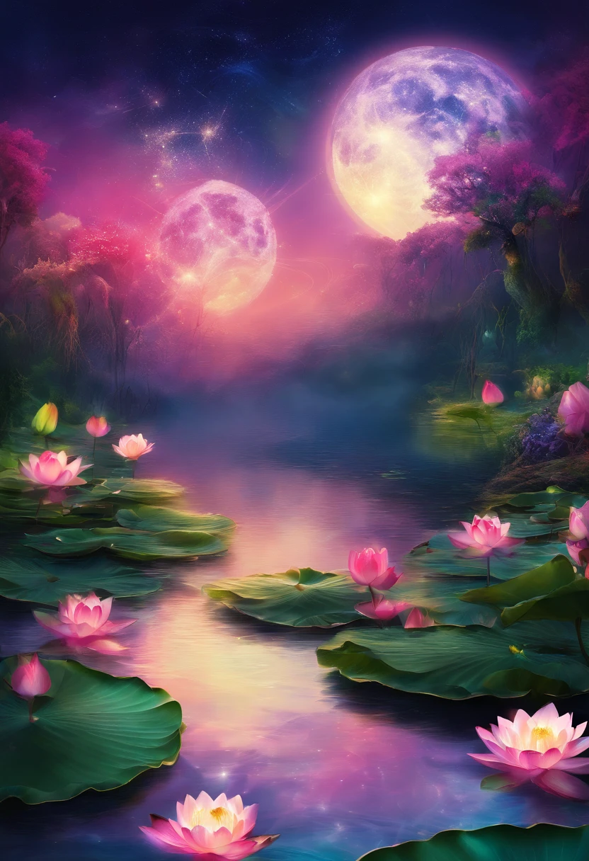 (tmasterpiece,Authentic photography,Concise composition:1.5),the night,Lotus pond moonlight,Beautiful artistic conception,Realisticstyle