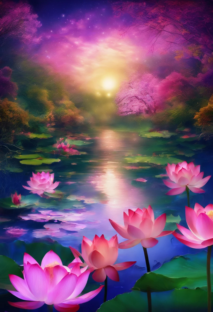 (tmasterpiece，Authentic photography，Concise composition：1.5），the night，Lotus pond moonlight，Beautiful artistic conception，Realisticstyle