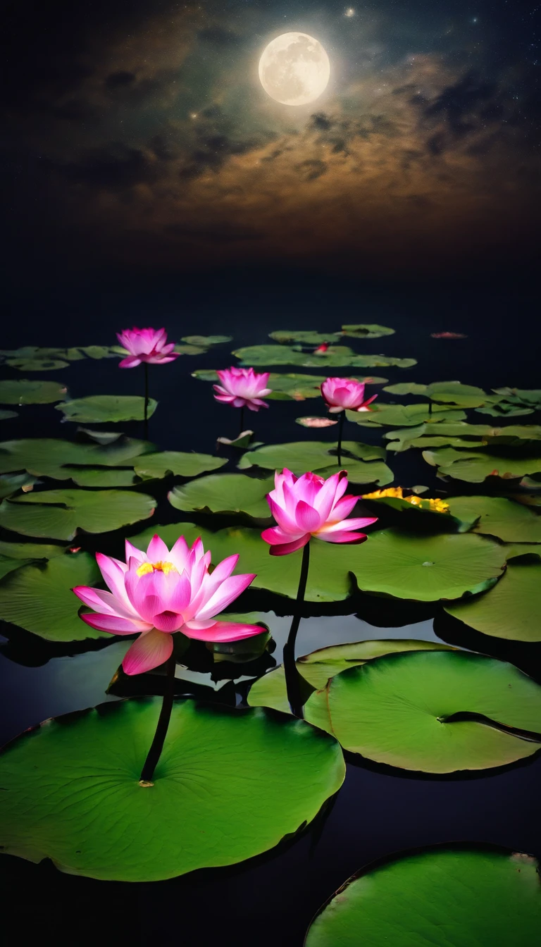 (tmasterpiece，Authentic photography，Concise composition：1.5），the night，Lotus pond moonlight，Beautiful artistic conception，Realisticstyle