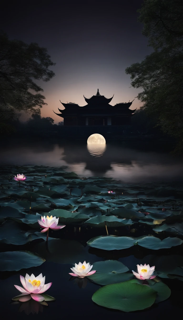 (tmasterpiece,Authentic photography,Concise composition:1.5),the night,Lotus pond moonlight,Beautiful artistic conception,Realisticstyle