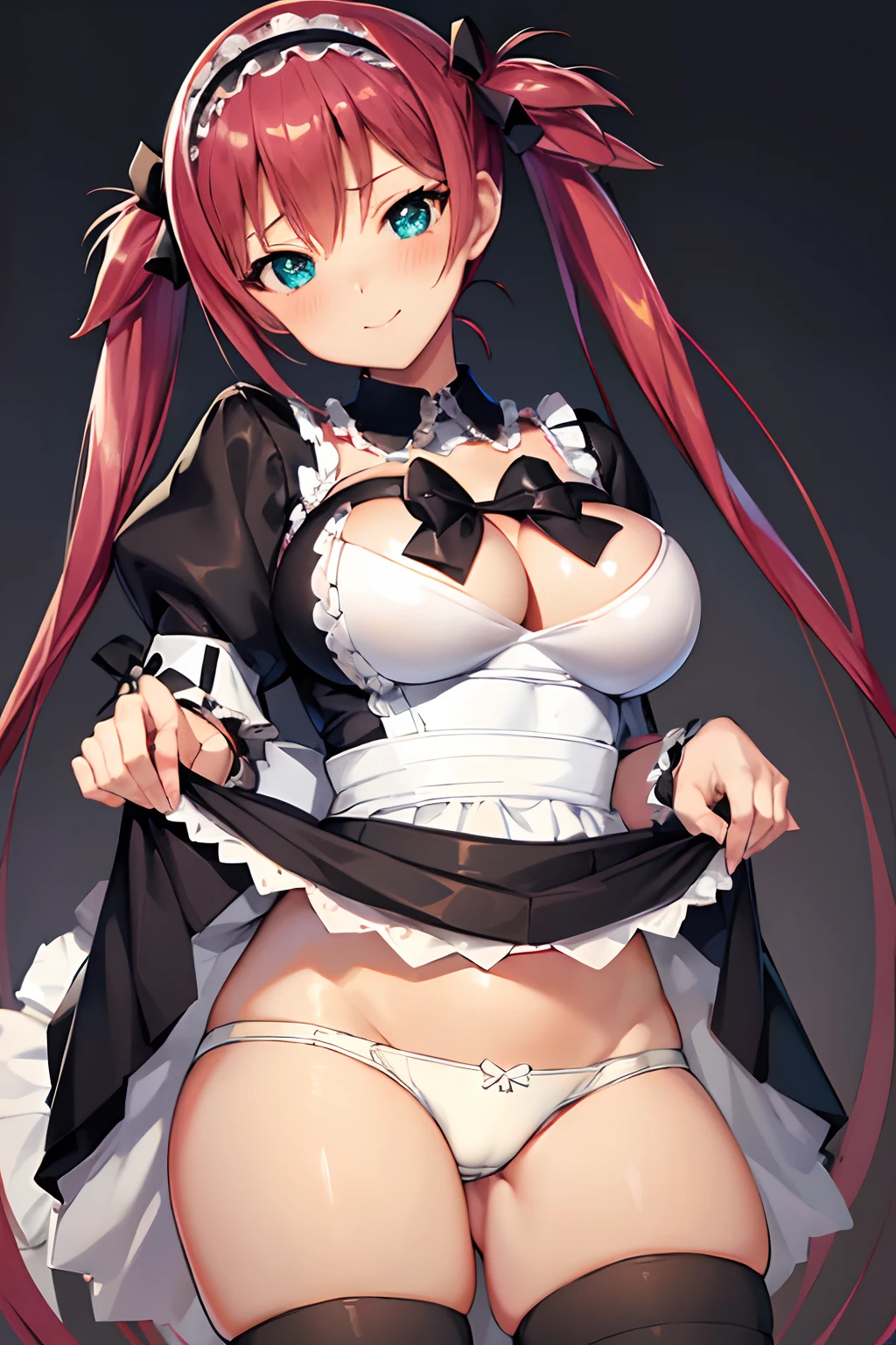 masutepiece, Best Quality, Airlib 4, 1girl in, Solo, blush, thighs thighs thighs thighs, black thighhighs, Apron, zettai ryouiki, maid, Maid headdress,Naughty big、large full breasts、cleavage、Wrist cuffs, (Perfect hands, Perfect Anatomy)、(Skirt lift:1.3), (White panty:1.3)、(Skirt that rolls up:1.3)、(Fully exposed panties:1.5)、is standing、A smile