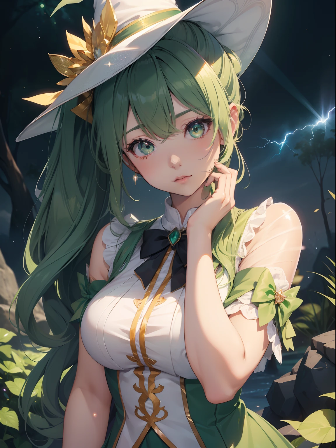 masutepiece, High resolution, 8K, anime woman, Delicate and detailed writing 、Detailed digital illustration、absurdly long hair、(((Ponytail)))、Shiny hair、a very beautiful woman、Eyes are double, Large,Little hanging eyes、 Bust E Cup、High image quality, High quality、Detailed background、((Wizard Background))、The inside of the eye shines like a diamond、(((Dark green hair)))、Gradient pupil、(((2 arms、4 fingers, 1 thumb)))、Detailed female face、a very beautiful woman、、细致背景、​masterpiece、Soft Focus , Bright gradient watercolor , Lens Flare , (((Glitter))) , Glow , Dreamy ,a miniskirt、Idol、Light Green Ribbon、Very beautiful light green rose hair accessories、Light green and gold costume with white as the main color、((Macroface))、(Cool Girl).Tall lady、Dignified.((No bangs))、(((Witch)))、holding a magic wand、Thunder background、Witch Hat、(((Lightning)))、angry