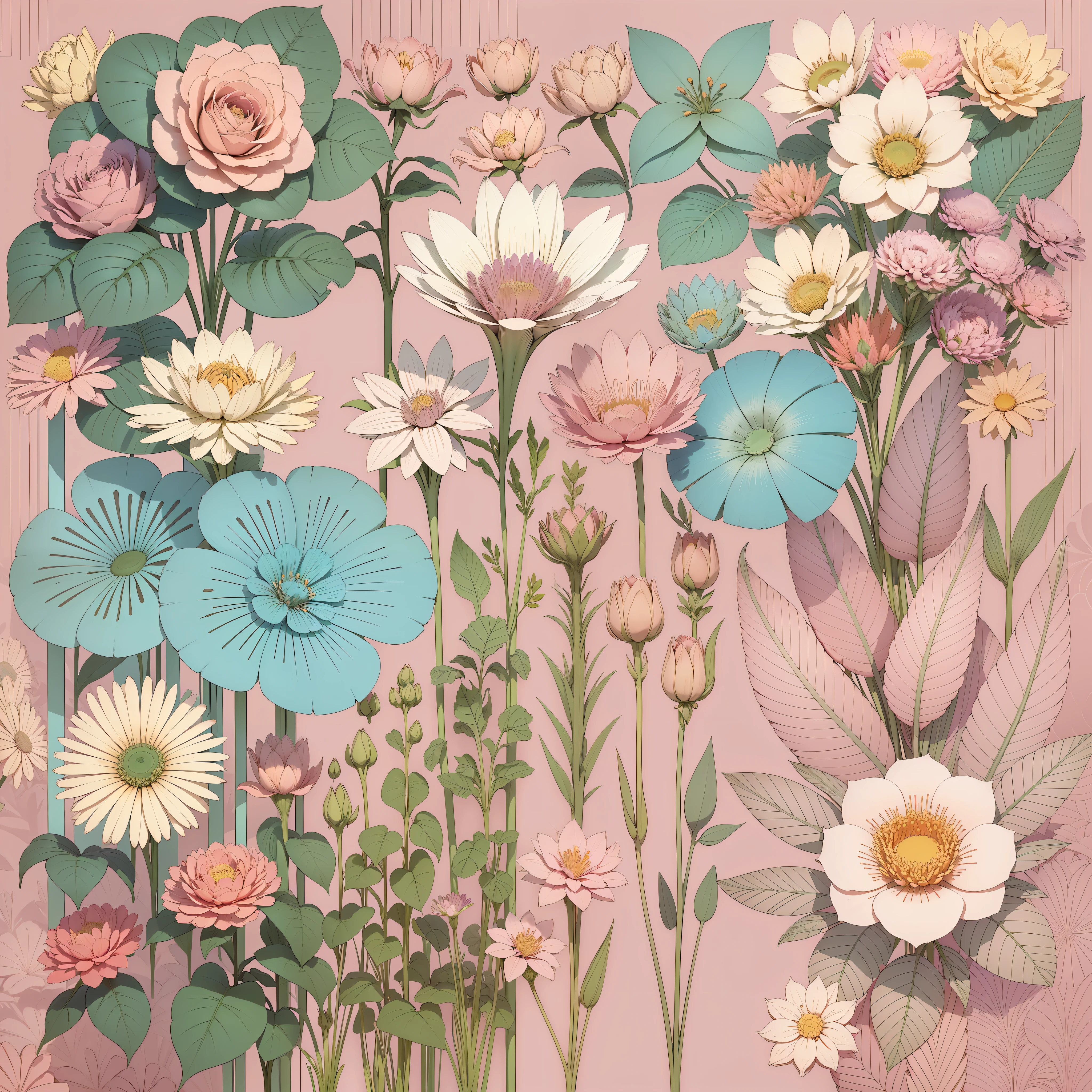 Set pattern of large flowers with plants, defined shape, flat style, vector style, drawing style, naïve style, wallpaper style, in soft pastel colors such as old pink, pastel blue, light blue, beige, pastel violet, pastel yellow and white. No shadows in the images.