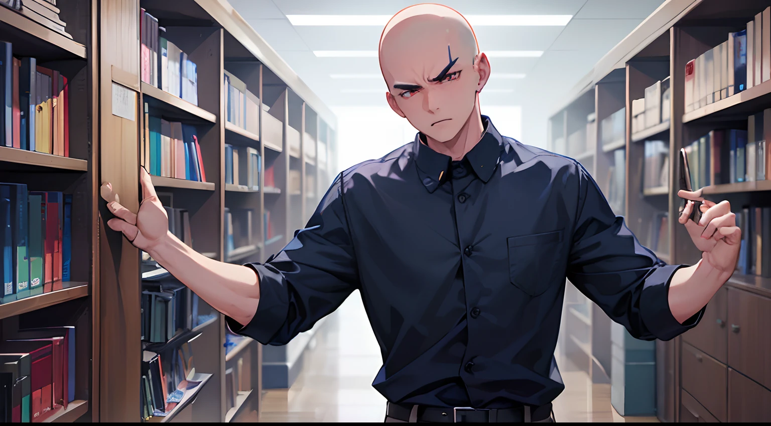 One bad high school boy(Shaved head、skin head、Wearing a uniform、The pants are dark blue、Wearing a shirt、The shirt is unbuttoned.）Angry with bright red in the face、School Library、Dance festival group