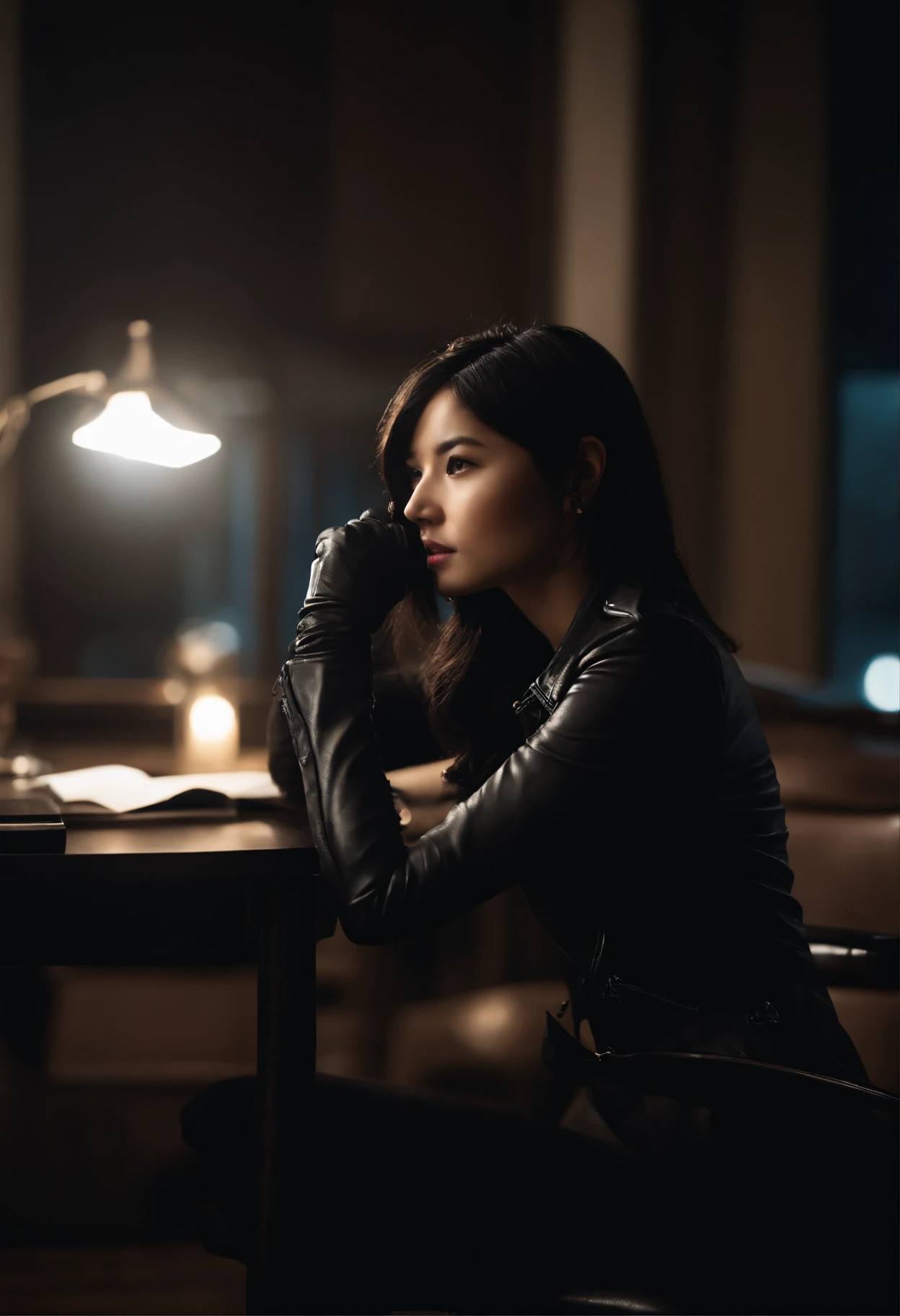 Wearing black leather gloves up to the fingertips in both hands, upper body, black leather double riders jacket, slender necklace, young and cute Japanese girl with beautiful black hair, sitting on a black leather chair facing the desk in the boss's empty room at night, aligning both hands with black leather gloves on the desk