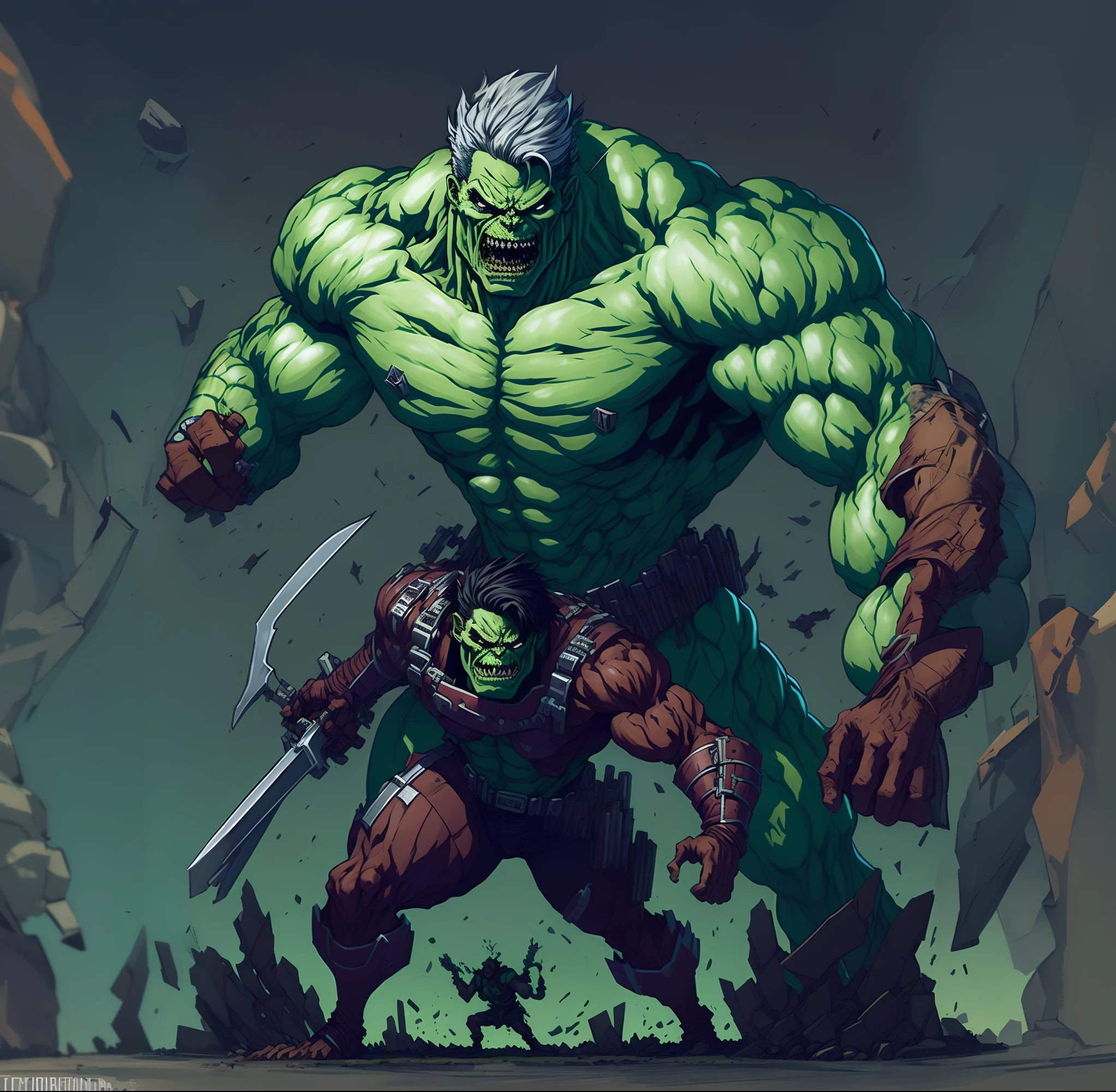 hulk and the green man are fighting over a large rock, musclebound and hulking, hulking, hulkish, son goku as the incredible hulk, inspired by Paul Pelletier, orcs, epic comic book style, orc themed, epic full color illustration, orc, grog strongjaw, by Paul Pelletier, hulk, ork, epic comic book art