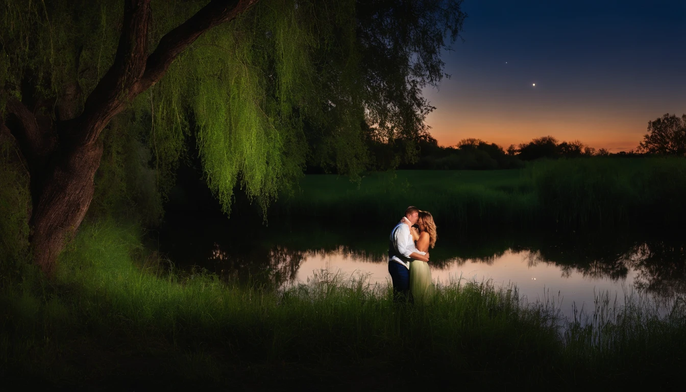 In the moonlit embrace of a vast, starry night, envision a couple in love, lost in each other's gaze under a sprawling willow tree, their fingers entwined like nature's tender vines, soft grass beneath them, a gentle breeze rustling the leaves, Photography, prime lens at f/1.4, capturing the ethereal connection, --ar 16:9 --v 5