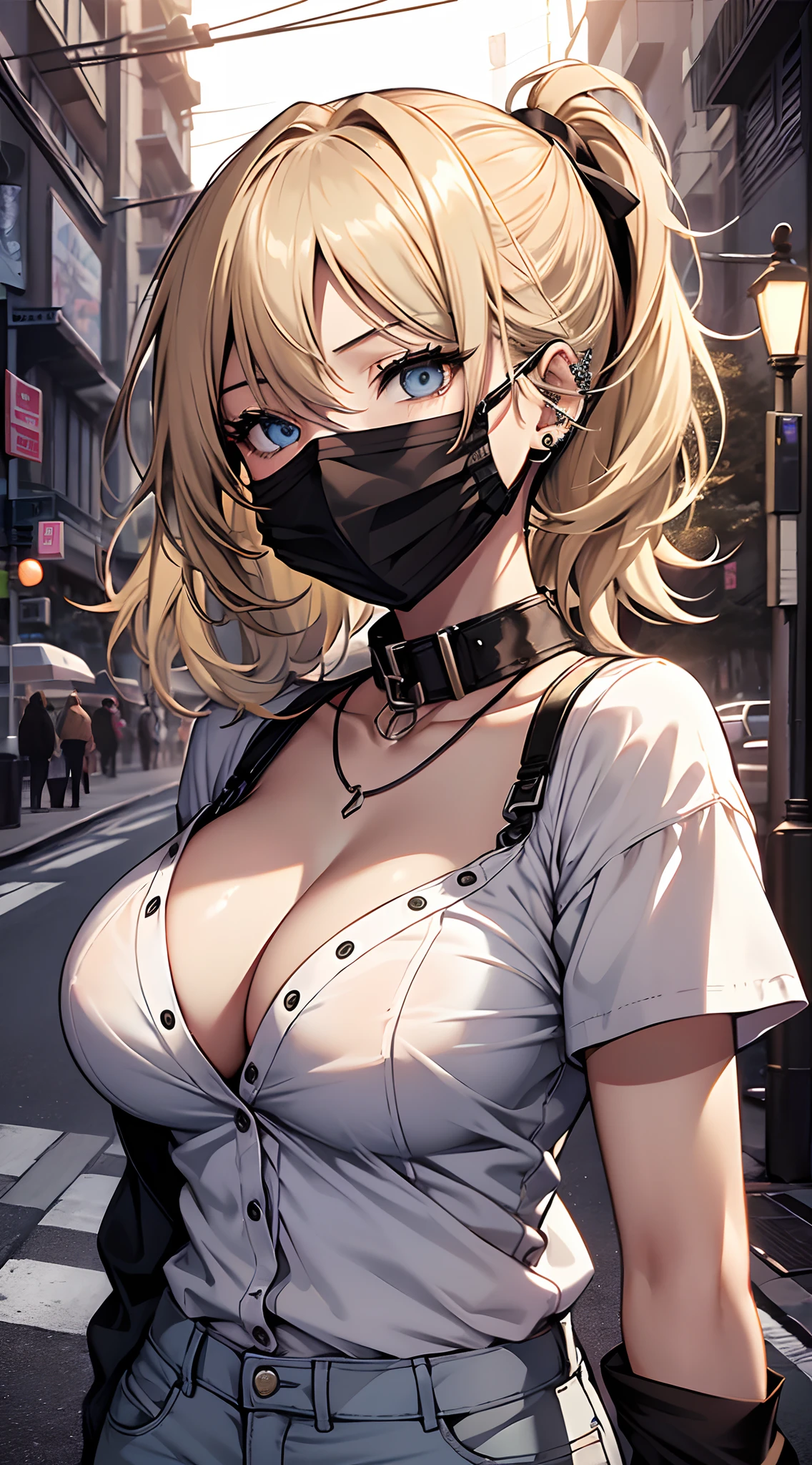 top-quality、Top image quality、​masterpiece、((NSFW:1.1))girl with((23years old、White blouse 1.6、shortpants:1.3、Bust 85、a blond、disheveled ponytail、Blue eyes、cleavage of the breast、Happiness、Hand flail、eye glass:1.4、Black surgical mask、Ear-piercing))、A slender、hiquality、visualart、Background with((On the street at night))、Tattoo on cleavage、masutepiece、full body1.3、