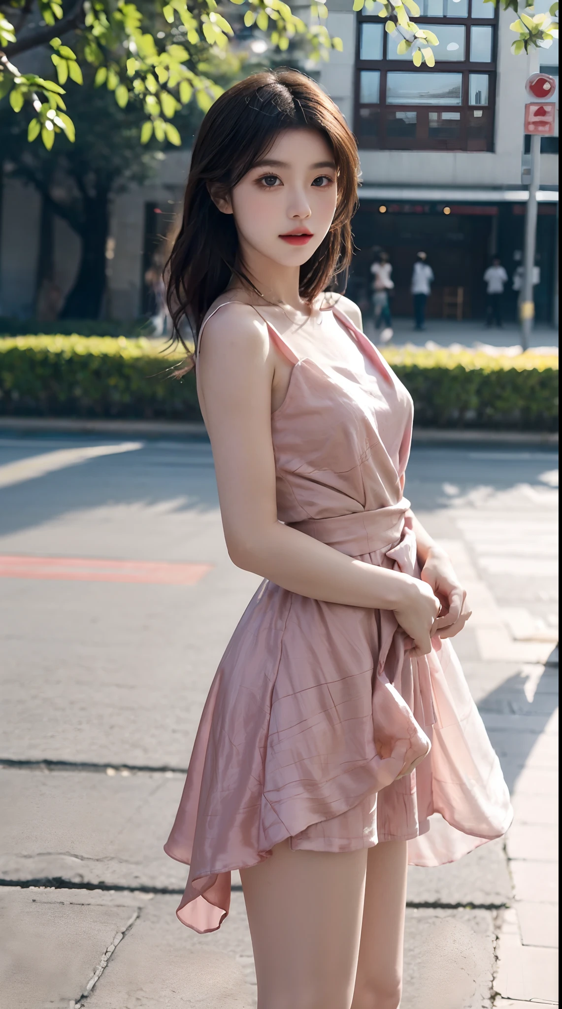 face to the viewer，Girl wearing beautiful floral dress，It shows a fresh and natural beauty。The dress is pink，It is covered with a variety of colorful floral patterns，This makes the whole dress look elegant and gorgeous。The neckline of the dress is a typical round neck，Fits her neck，Show her elegance。
The cut of the dress fits perfectly，Clinging to her body，Show off her graceful curves。The hem of the dress is just below the knee，It looks dignified and generous，It goes well with the color and style of the dress。
Her hair was draped over her shoulders，Slightly curled，It gives a romantic and natural feeling。Her face was covered with light makeup，The choice of eye shadow and lip gloss harmonizes with the color of the dress。The girl is dressed neatly，Full of fresh breath of spring and summer，It shows her elegant temperament and unique charm。（with hands behind her back，stand posture）