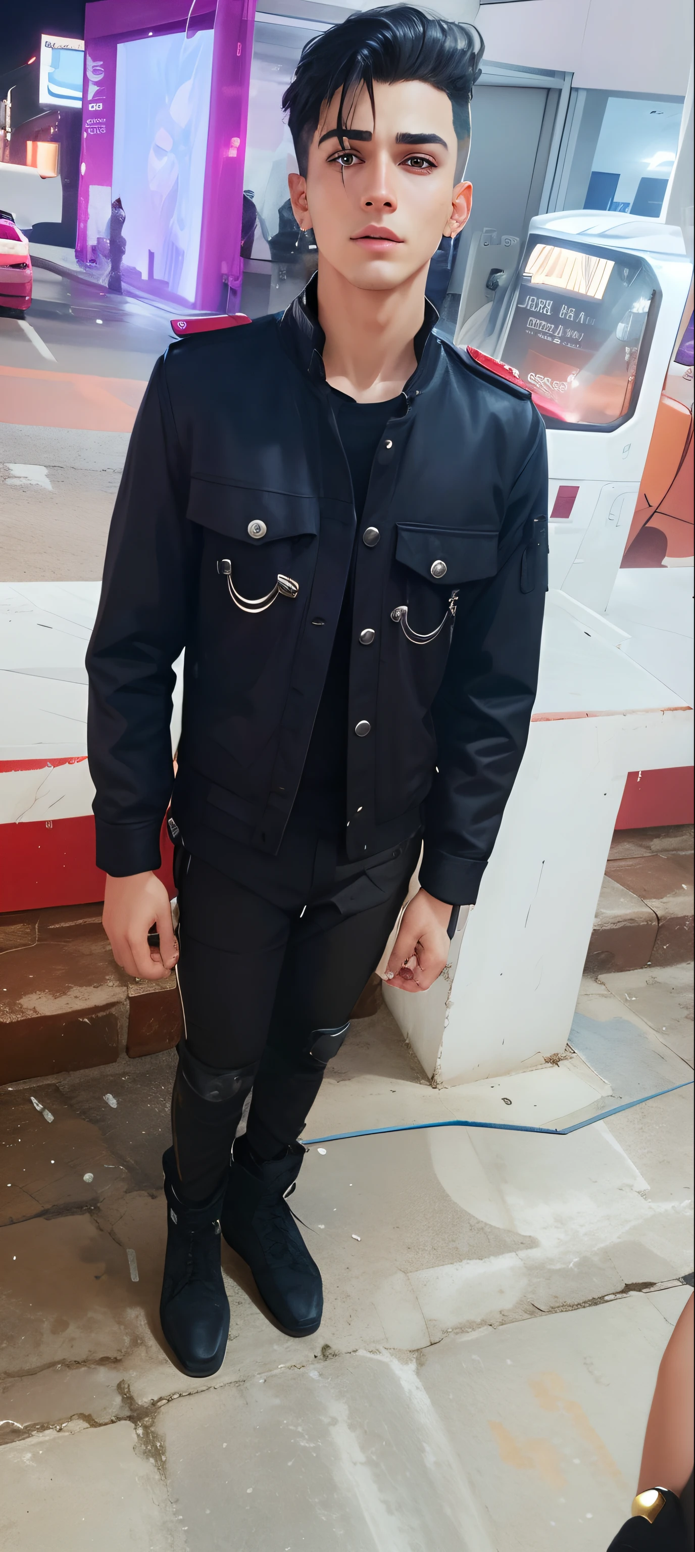 Boy wearing black jeans and police shirt unbuttoned sitting on stone stairs